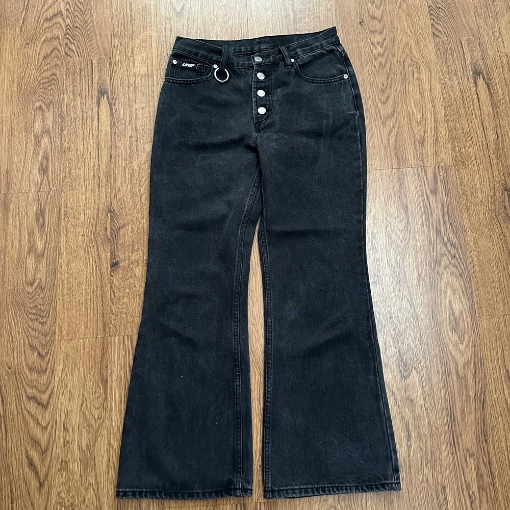UNIF black washed flared denim front buttons size 26 ring detail